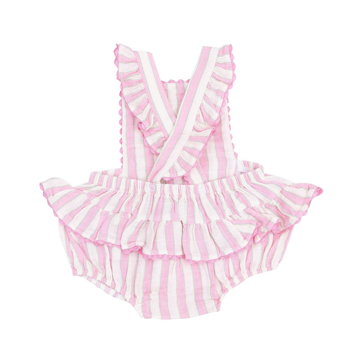 ruffle sunsuit with ric rac trim and a ruffle at the bum and criss cross sleeves. pink and white cabana stripe. 