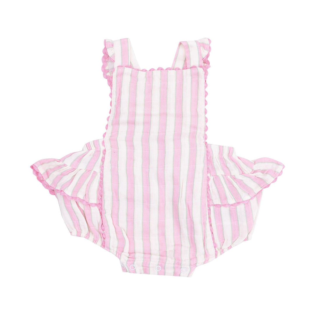 pink and white cabana stripe ruffle sunsuit with pink ric rac trim. ruffle at the sleeve and along the bum