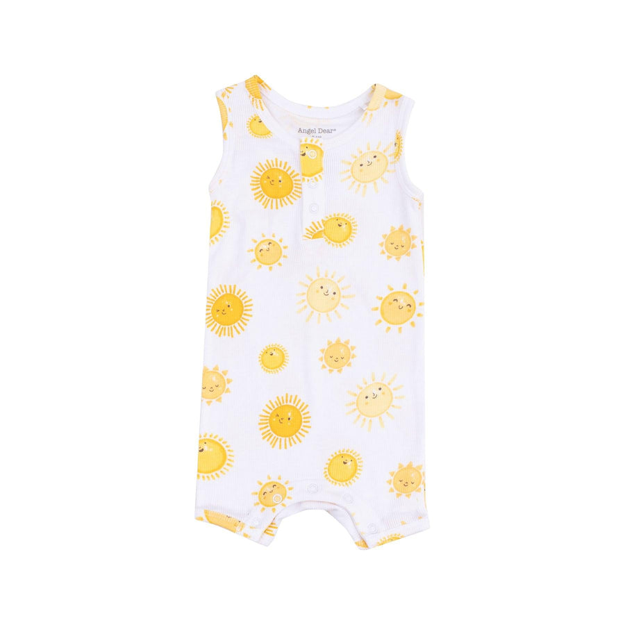 sleeveless romper with 3 snaps at the top. yellow happy suns all over
