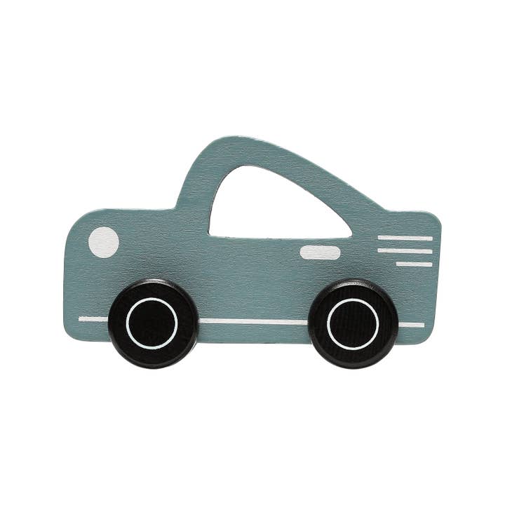 muted blue wooden car that has an opening at the top easy for baby to hold onto and play with