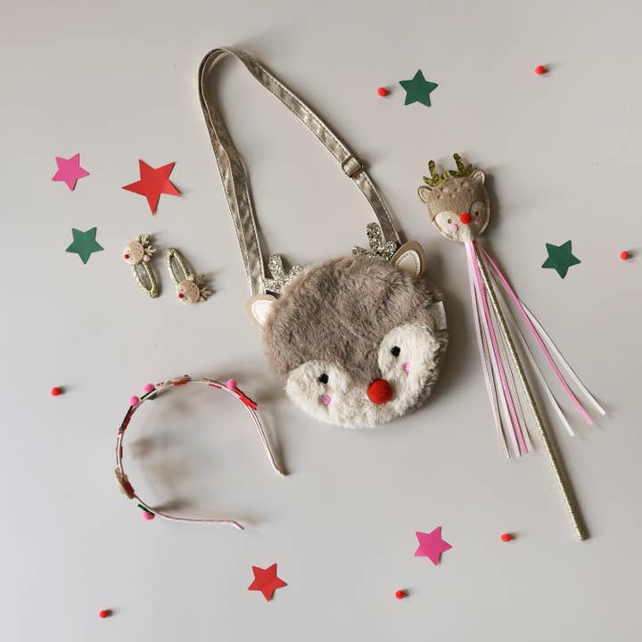 picture of reindeer purse, reindeer wand, reindeer clips and double headband. 