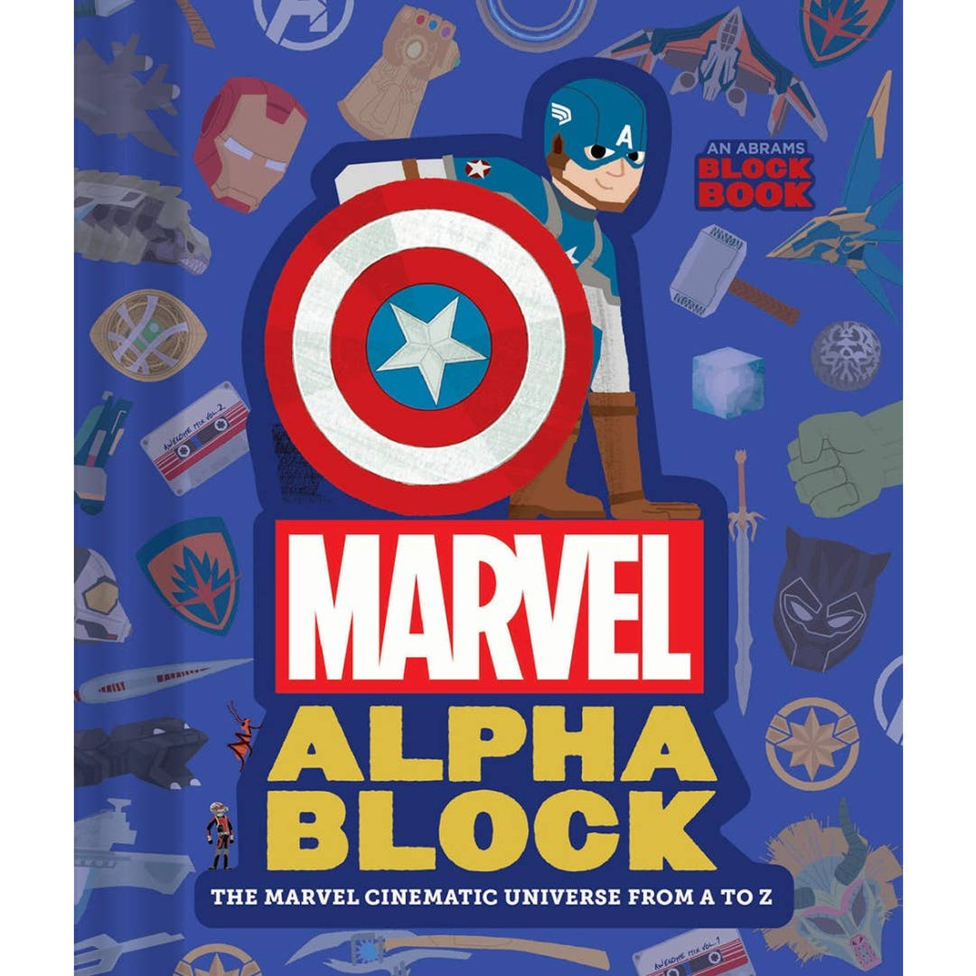 Book cover of 'Marvel Alpha Block' with Captain America and Marvel logos on a blue background.