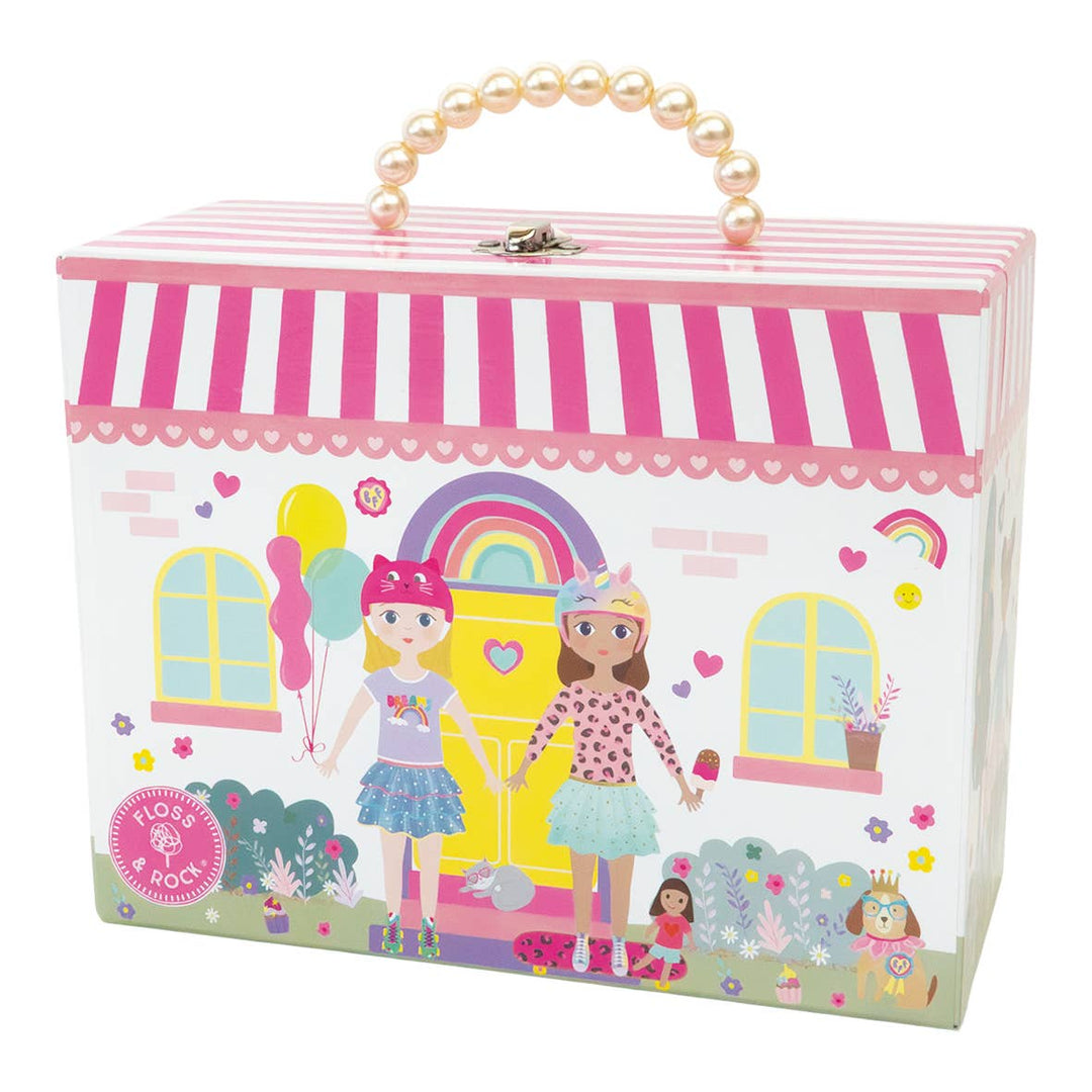 Toy box with cartoon characters and colorful design on a white background