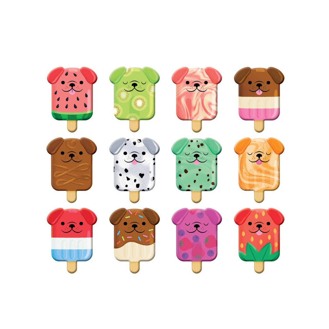 Set of dog-shaped ice cream popsicles with colorful designs on a white background