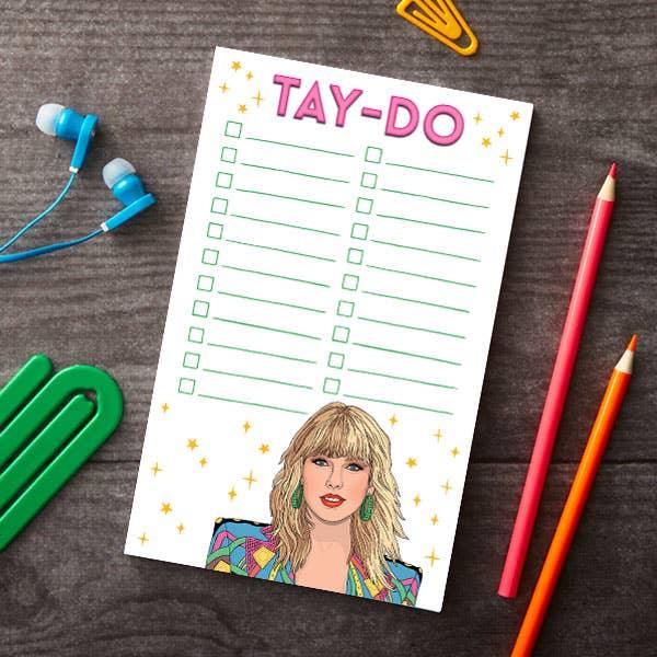 Taylor Swift notepad with a to do list style and a picture of Taylor Swift at the bottom