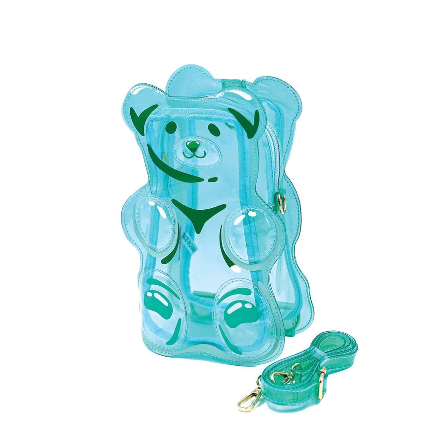mint colored gummy bear handbag with shoulder strap/crossbody strap. plastic material. detachable strap. 