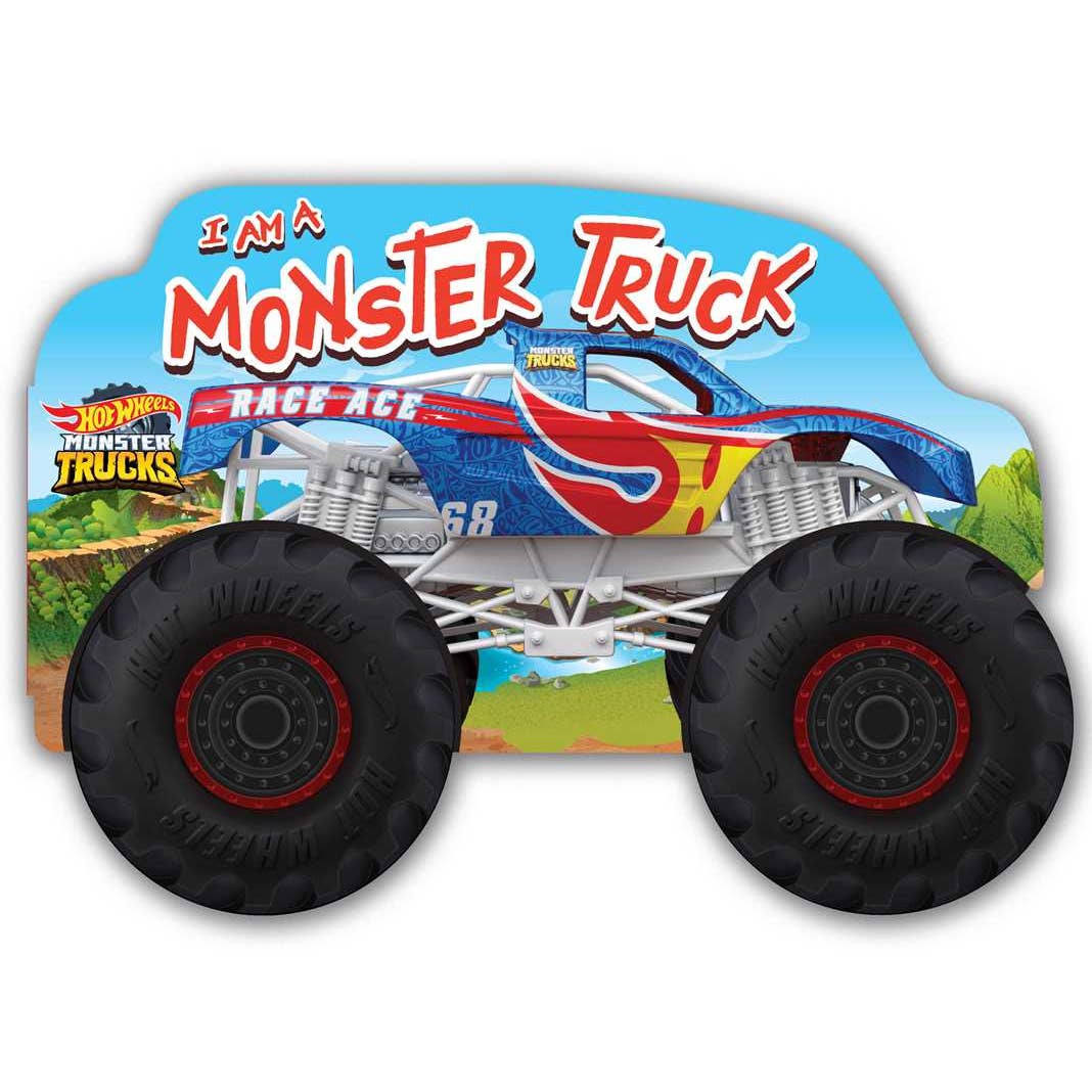 Toy truck book with 'I am a Monster Truck' text and Hot Wheels branding on a blue background