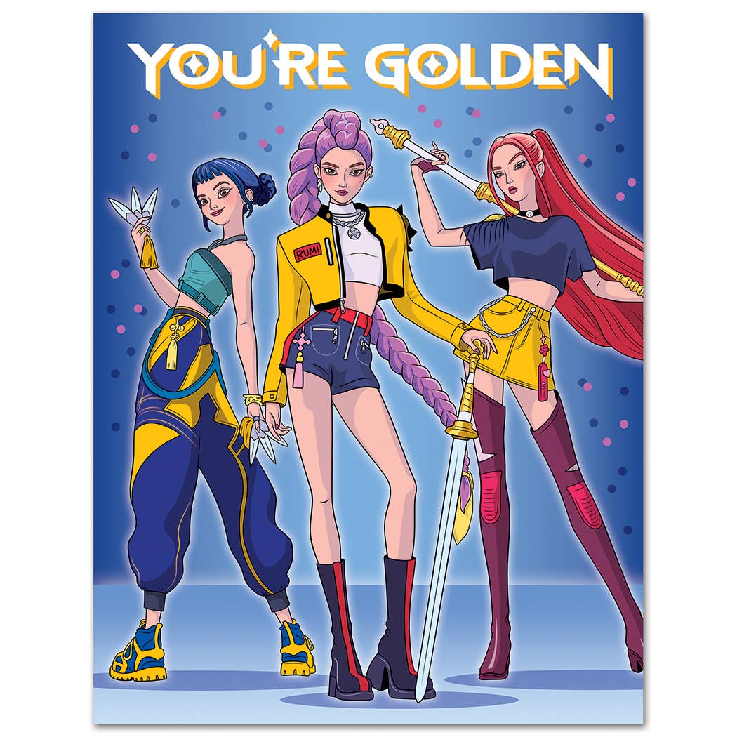 Three animated characters with colorful outfits and weapons on a blue background with 'You're Golden' text.