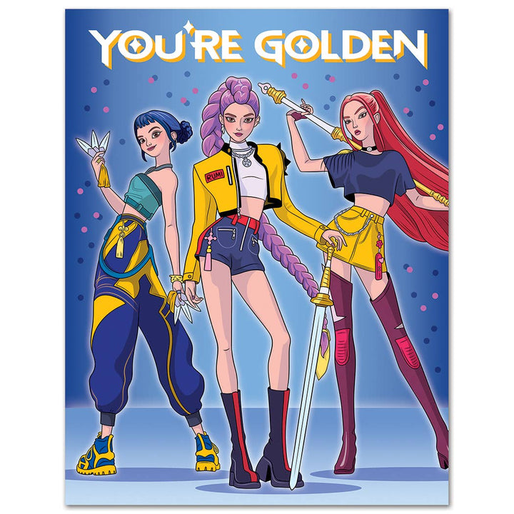 Three animated characters with colorful outfits and weapons on a blue background with 'You're Golden' text.