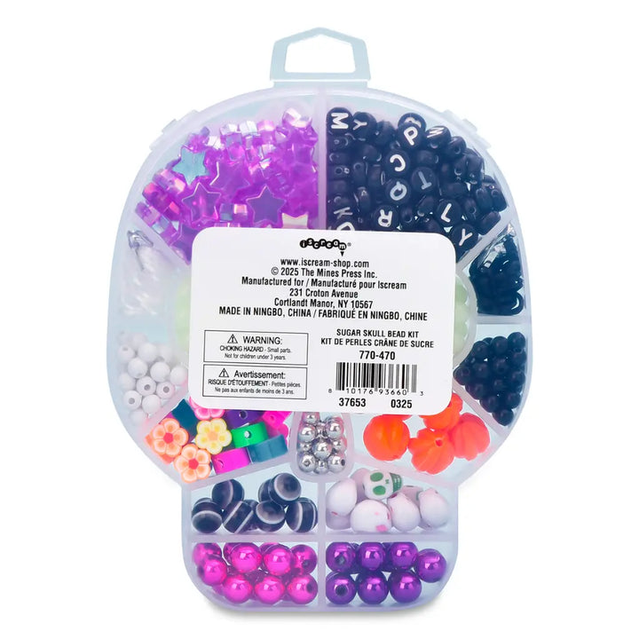 back of a Bead kit in a skull-shaped container with colorful beads on a white background