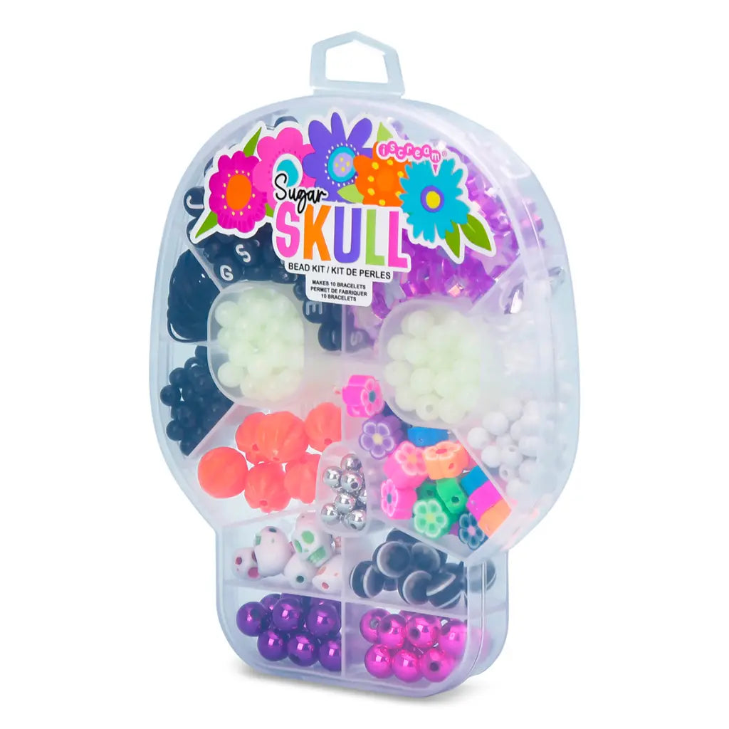 Bead kit packaging shaped like a skull with colorful beads inside on a white background