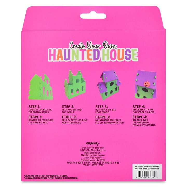 Pink packaging for 'Create Your Own Haunted House' craft kit with step-by-step instructions and colorful haunted house illustrations.