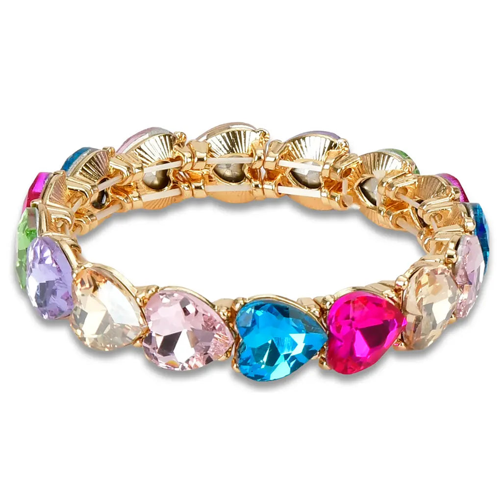 Multicolored gemstone bracelet with gold chain on a white background