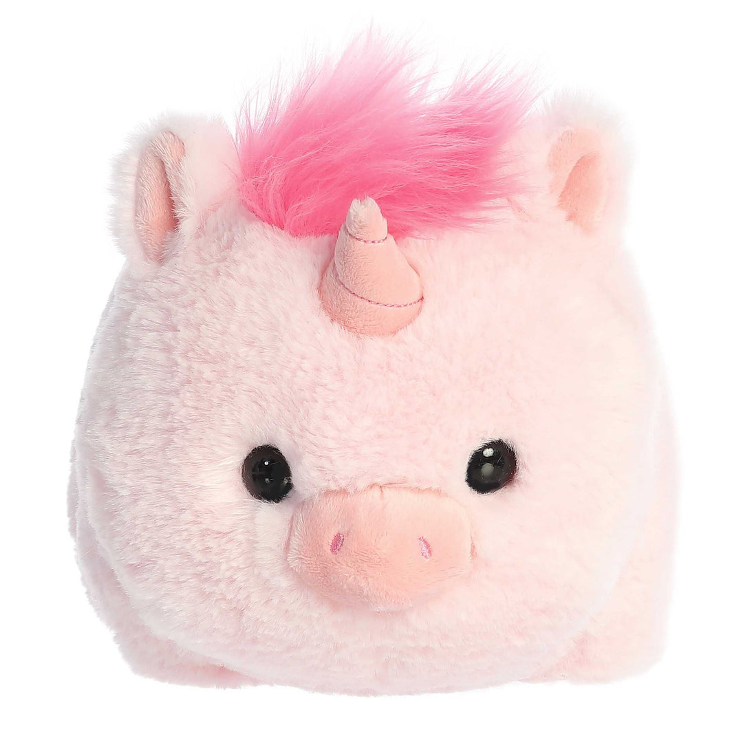 Plush toy resembling a unicorn with pink hair and horn on a white background