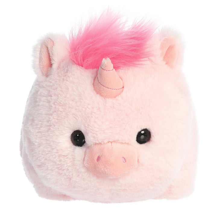 Plush toy resembling a unicorn with pink hair and horn on a white background