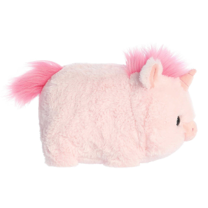 Pink plush toy with a fluffy mane on a white background