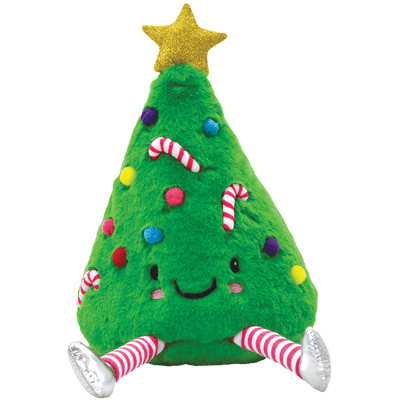 green christmas tree plush with ornaments and decorations all over the tree