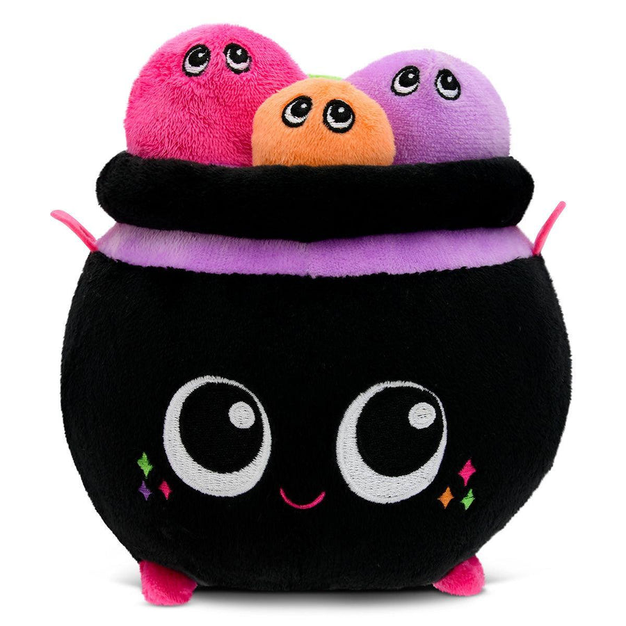 witch's cauldron plush with 3 bubbles: orange, hot pink and orange in color. The cauldron has a smiley face on it.
