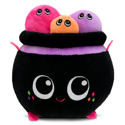 witch's cauldron plush with 3 bubbles: orange, hot pink and orange in color. The cauldron has a smiley face on it.