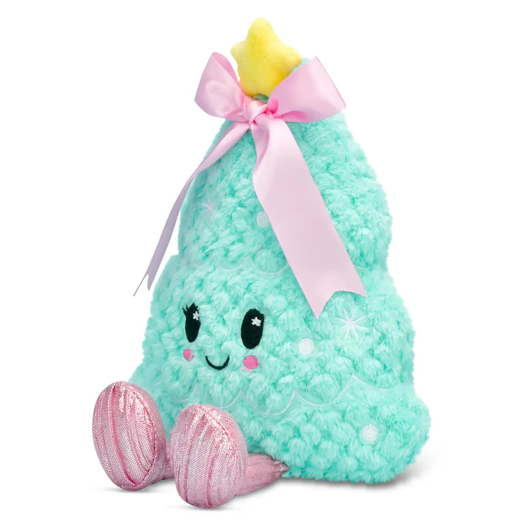 Christmas tree Plush toy with a pink bow on a white background