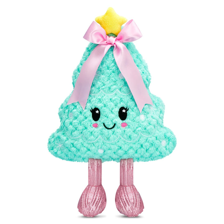 chiristmas tree plush Toy  with a star on top and pink bow, on a white background