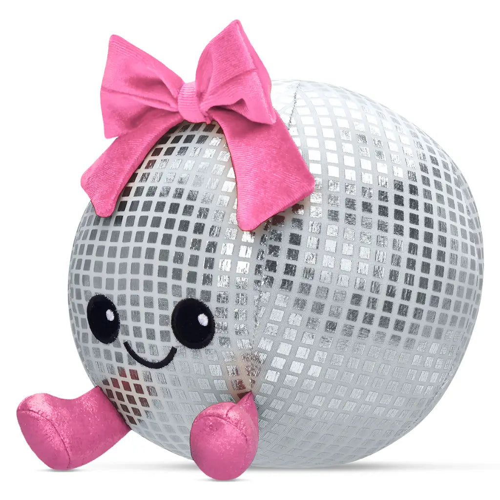 Plush toy resembling a disco ball with a pink bow and legs on a white background