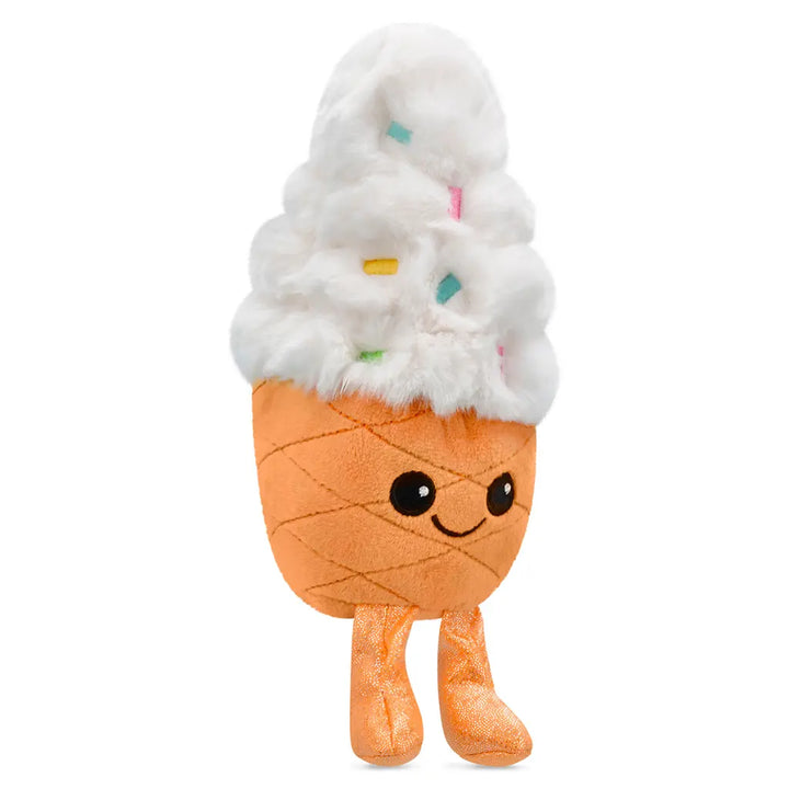 Plush toy shaped like an ice cream cone with white cream and colorful sprinkles on a white background