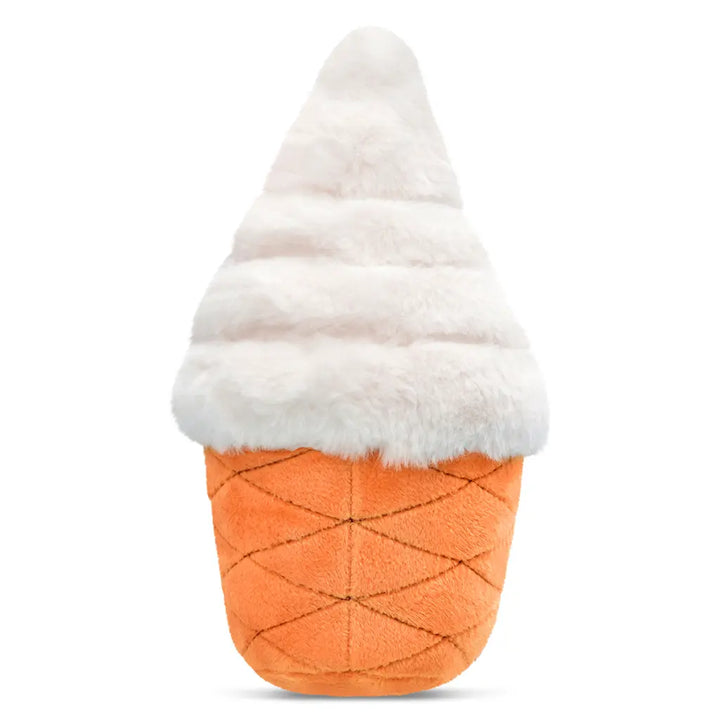 back of Plush ice cream cone toy with white top and orange base on a white background