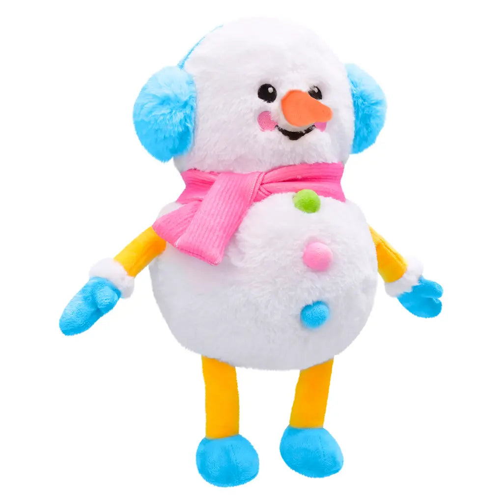 Colorful plush snowman toy with a pink scarf on a white background