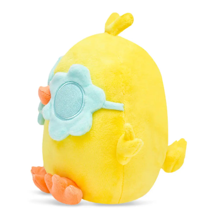 Yellow plush toy with a flower sunglasses on a white background