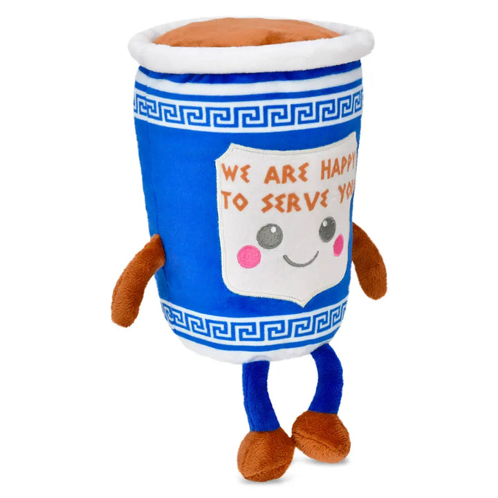 Plush toy resembling a blue cup with a smiling face and text on a white background
