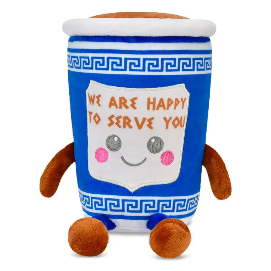 Plush toy resembling a blue cup with a smiling face and text on a white background