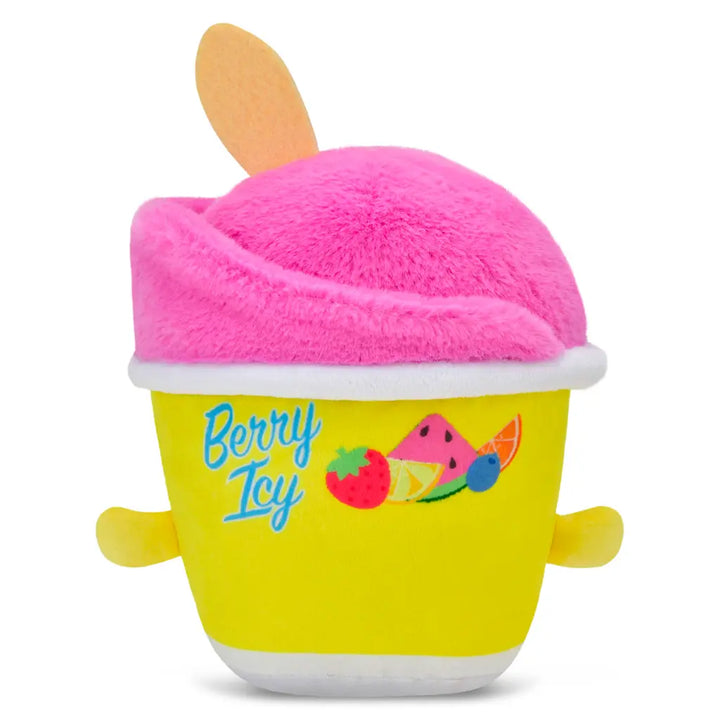 Plush toy resembling a pink ice cream cone with a yellow cup labeled 'Berry Icy' on a white background.