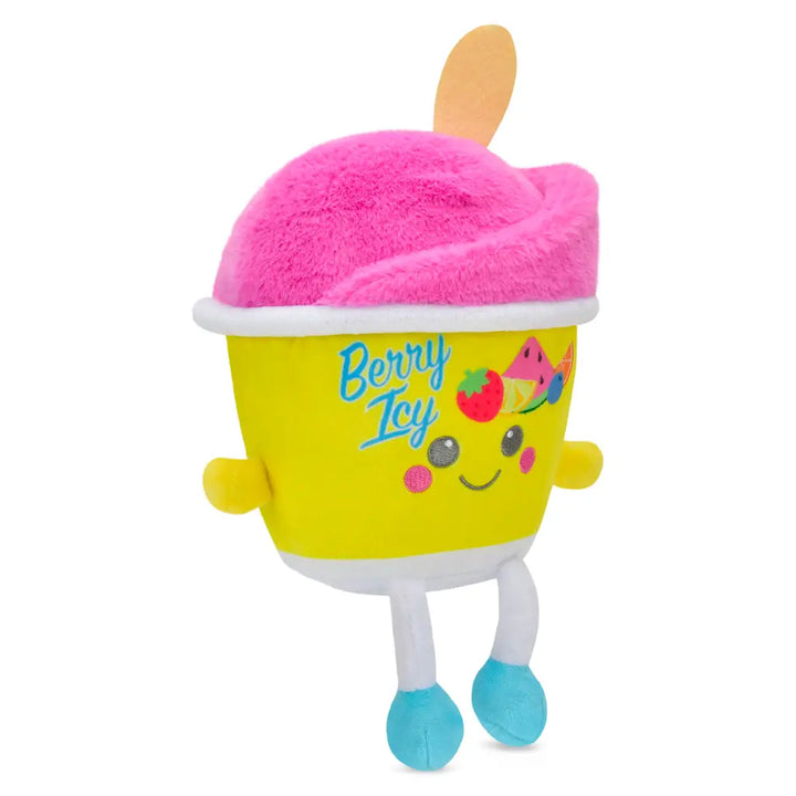Plush toy resembling a berry icy treat with pink top and yellow cup on a white background
