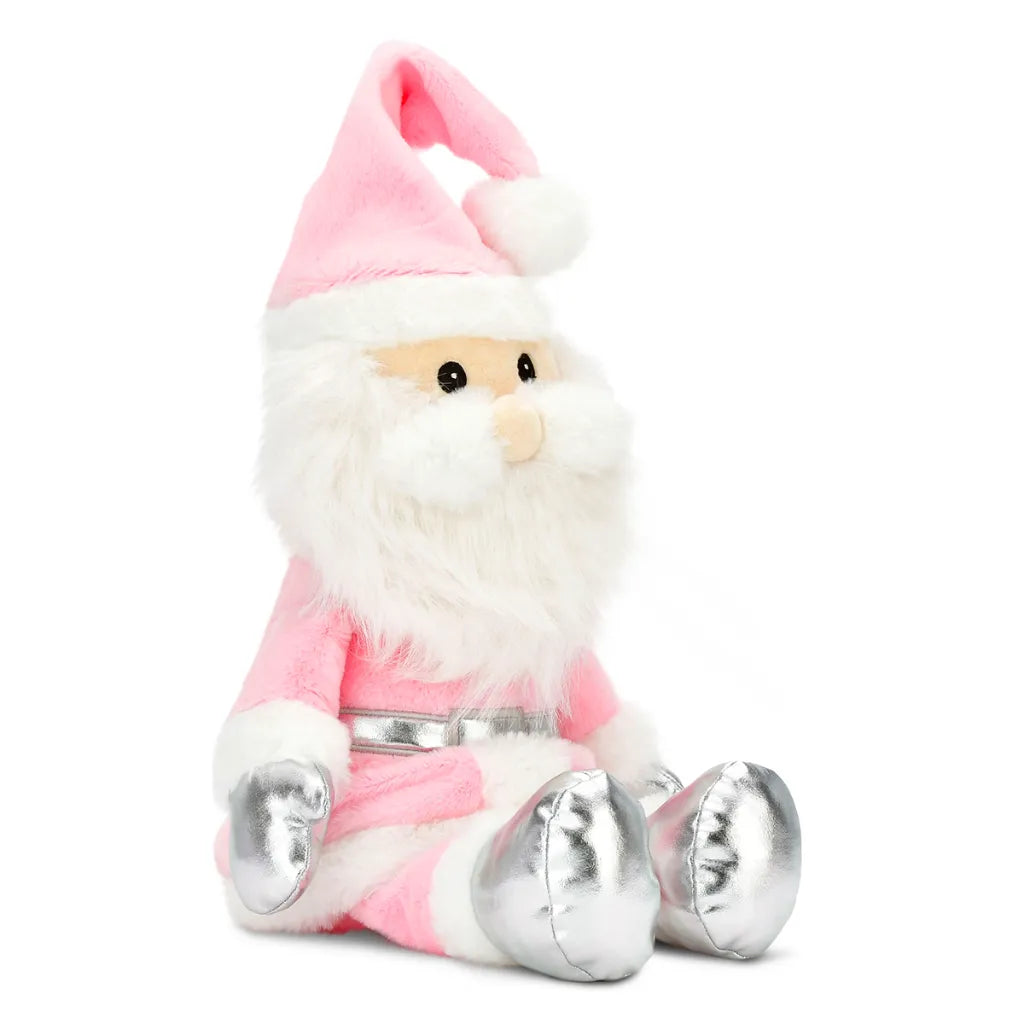 A plush Santa Claus doll sitting down, featuring a pink and white outfit, fluffy white beard, and shiny silver boots, set against a plain white background.