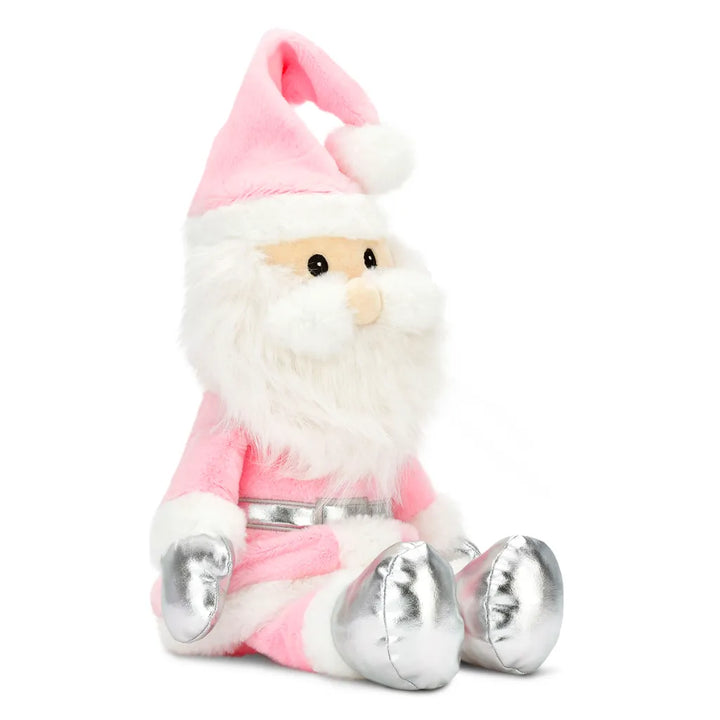 A plush Santa Claus doll sitting down, featuring a pink and white outfit, fluffy white beard, and shiny silver boots, set against a plain white background.