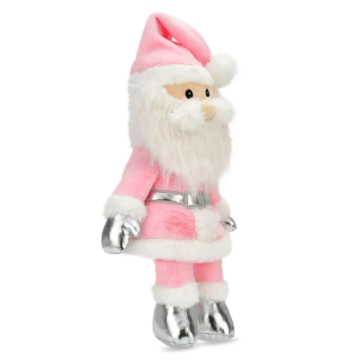 A plush Santa Claus figure wearing a pink and white outfit with shiny silver boots and belt, standing against a plain white background.