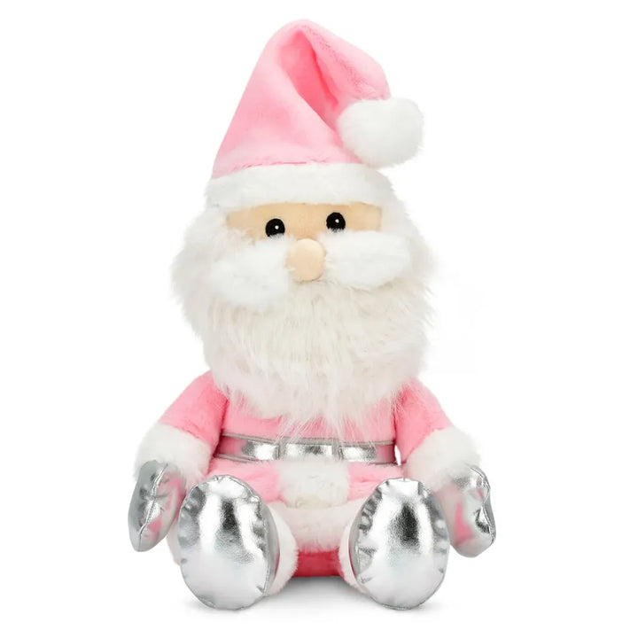 A plush Santa Claus doll sitting upright on a white background. The Santa figure has a pink hat with a white pom-pom and trim, a white beard, a pink outfit with a silver belt, and shiny silver boots.