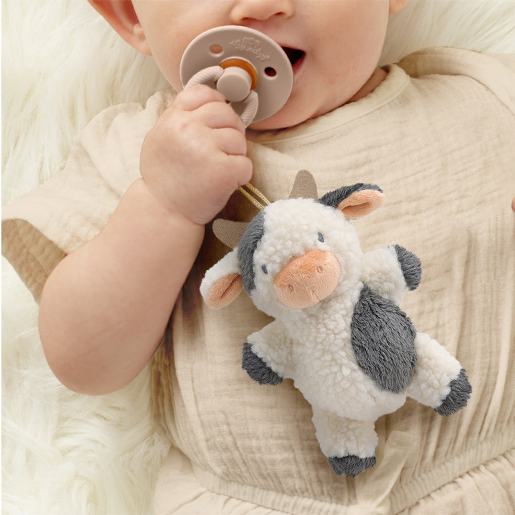 Baby holding a plush cow toy and a pacifier
