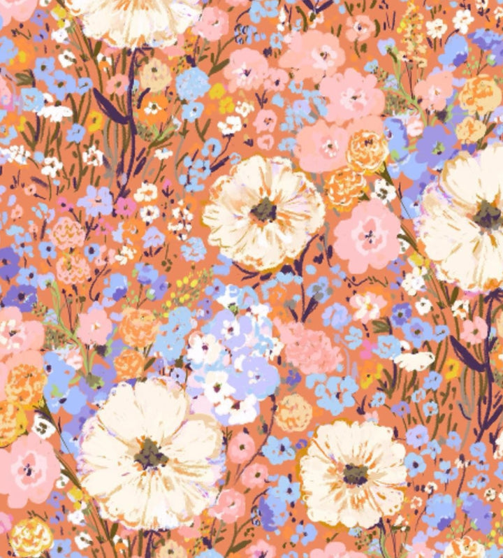 Colorful floral pattern on a vibrant orange background