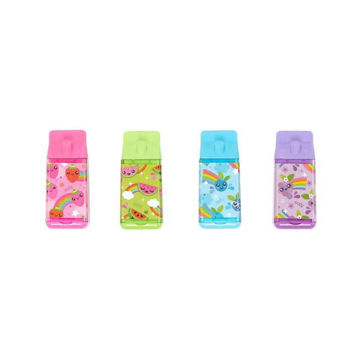 4 different pencil erasers shaped like juice boxes. each in a different color: purple, pink, blue, green. 