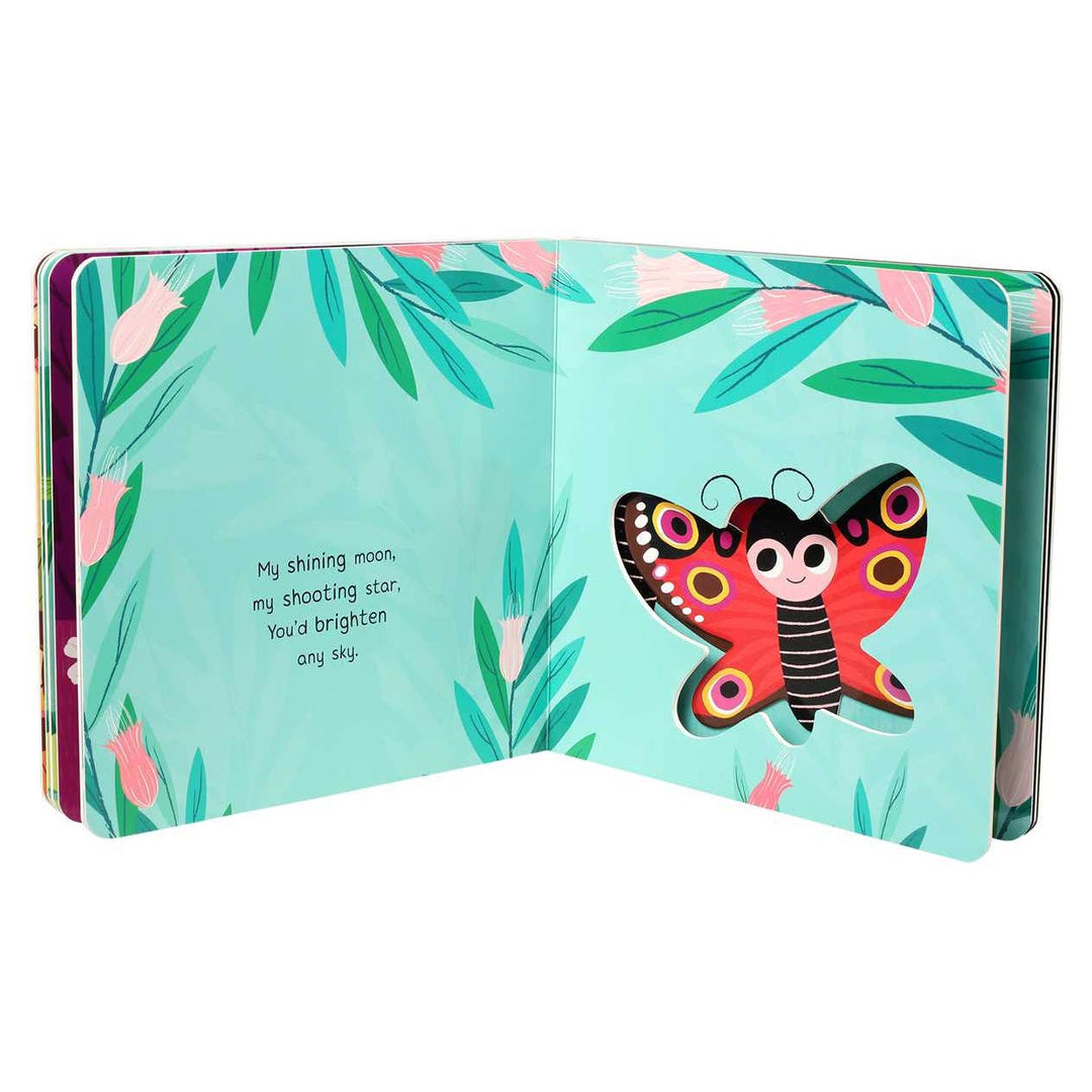 Open book with a colorful butterfly illustration on a light blue background