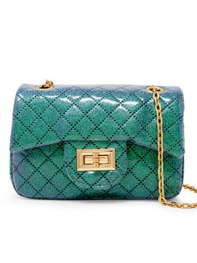 green glitter quilted bag with gold link chain shoulder strap