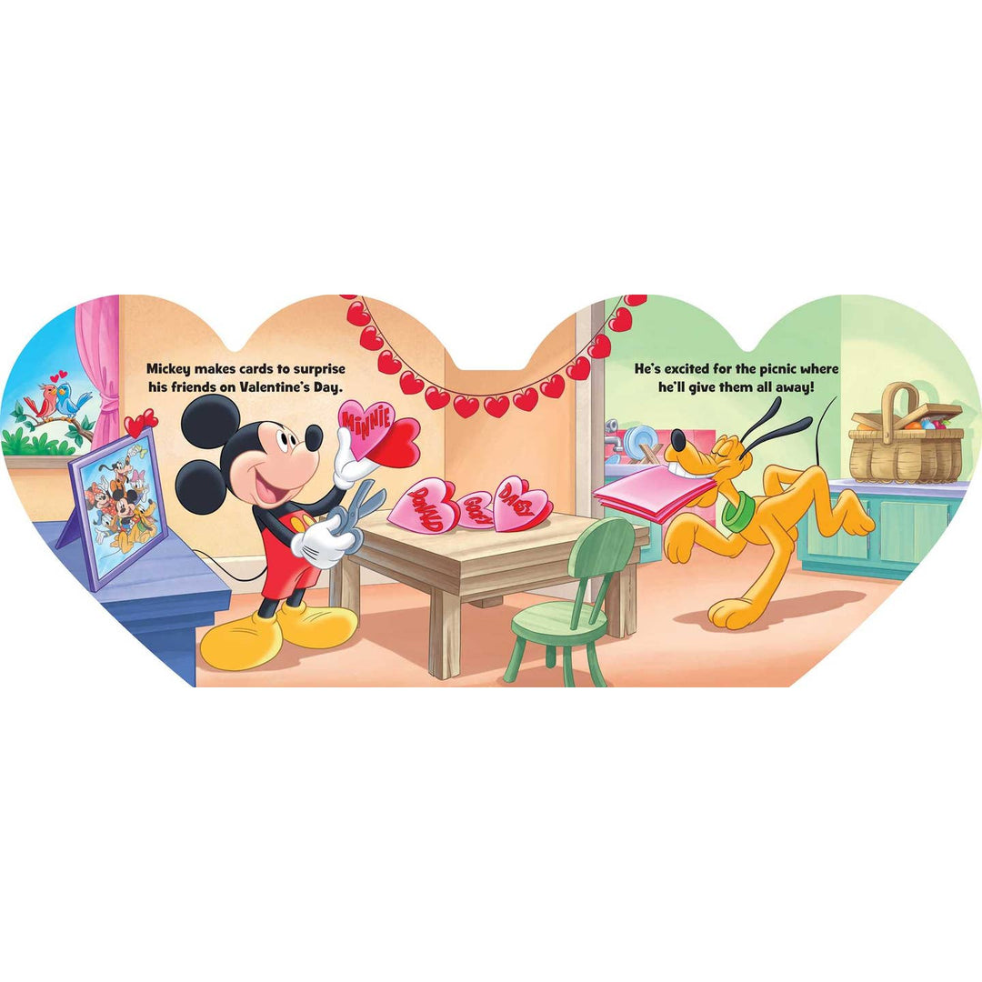 Heart-shaped Disney book cover with Mickey Mouse and Pluto preparing for a picnic on Valentine's Day.
