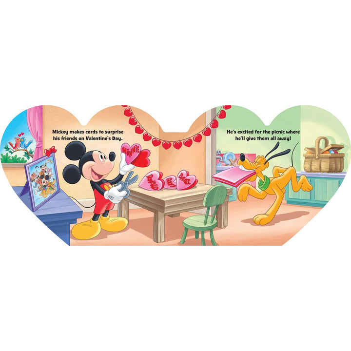 Heart-shaped Disney book cover with Mickey Mouse and Pluto preparing for a picnic on Valentine's Day.
