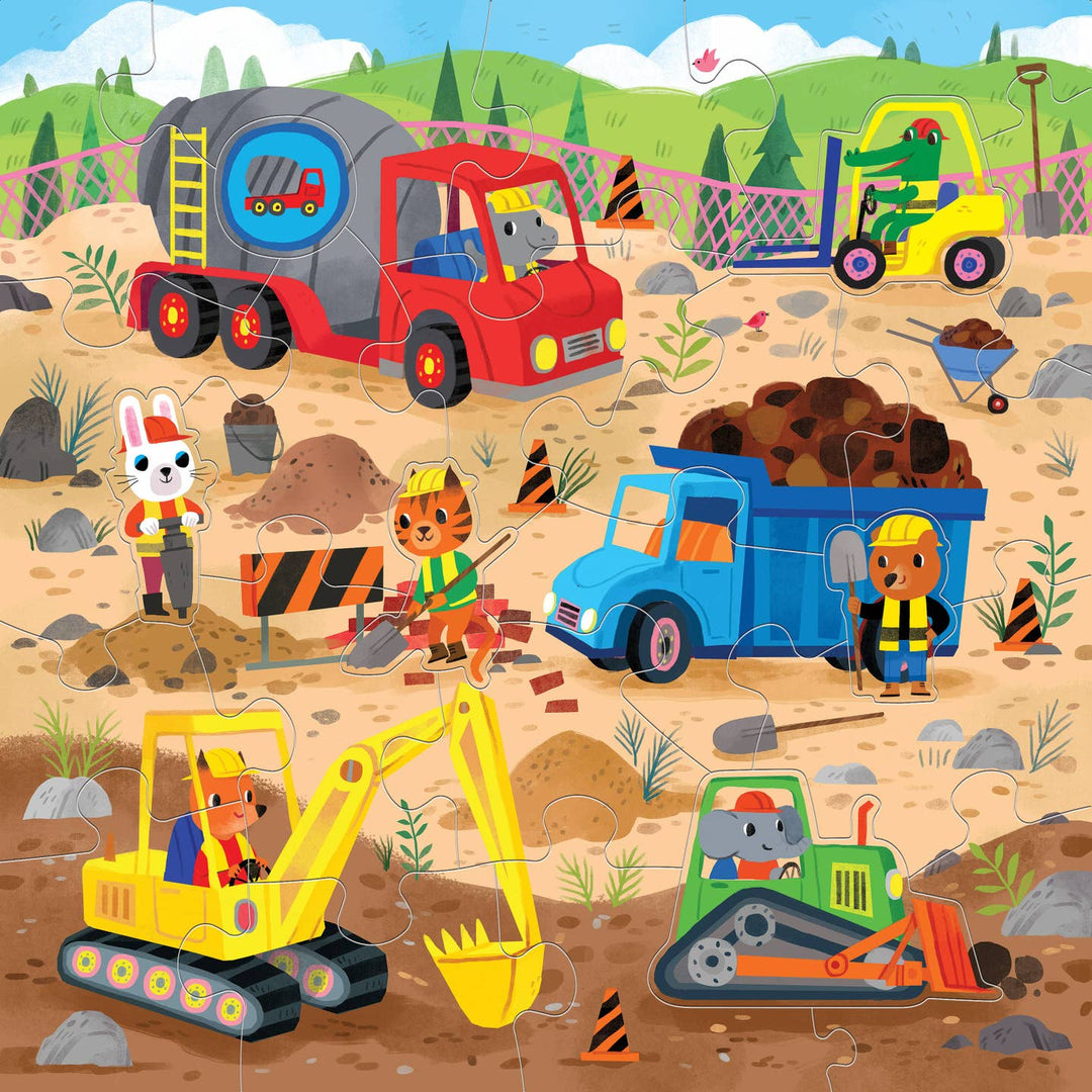 Children's puzzle with cartoon construction vehicles and animals on a dirt road.