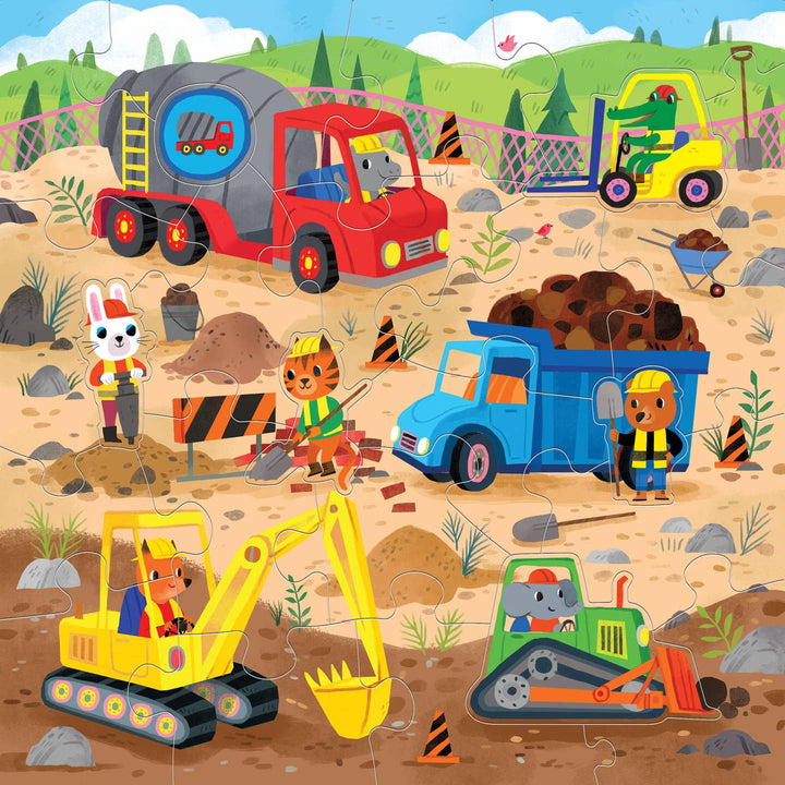 Children's puzzle with cartoon construction vehicles and animals on a dirt road.