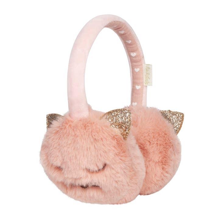 furry pink clara cat earmuffs with gold ears and pink band 