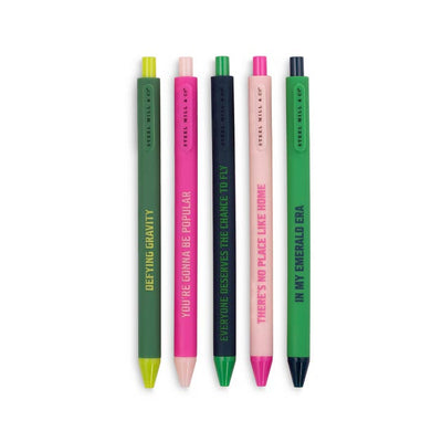 set of 5 gel pens in the colors of Glinda and Elphaba: Green and Pink 