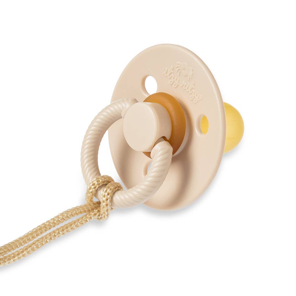 Beige and brown pacifier with a gold chain on a white background